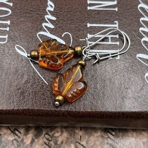 Amber Glass Leaf Dangle Earrings Boho Fall Cottagecore Handmade